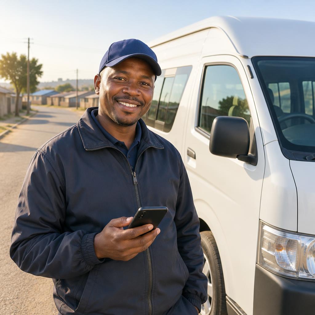 Driver with a minibus checking trip offers on a phone